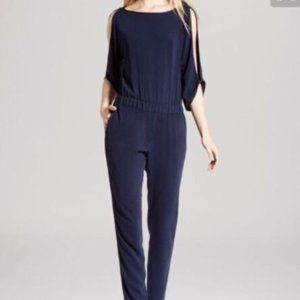 Halston Heritage Navy Blue One-Piece Jumpsuit Elastic Pockets Women's 0 XS